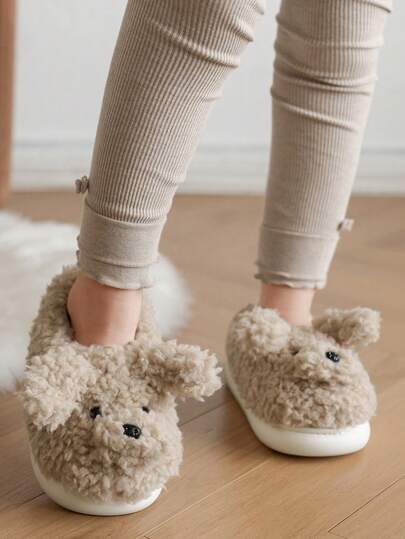 Kids Warm Plush Lined Cartoon Slippers, Cute Teddy Bear Closed Toe Warm Non-Slip Indoor Home Children Sandals, Kawaii Flat Toddler House Slippers