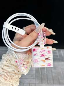 4 件套个性化夏季海洋和水果设计保护壳兼容苹果数据线、充电头、13/14/15 Pro Max Nan 数据线保护套充电器配件手机配件