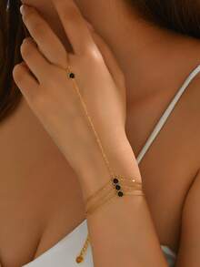 1 件女士不锈钢 3 层黑色方晶锆石链式手链，时尚珠宝 18K 镀金 - 黑色 - 查看 1