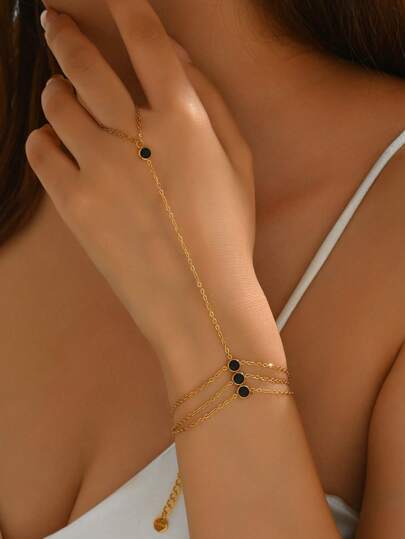 1 Stück Damen Edelstahl 3-lagiges Armband mit schwarzen kubischen Zirkoniasteinen, modischer 18K Goldplattierter Schmuck