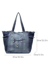 New Denim Fabric Large Capacity Tote Bag, Casual Versatile Shoulder Handbag, Underarm Carry Bag, Student School Bag - Blue - View 6