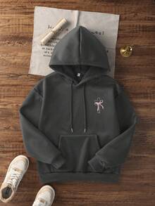Women's Casual Graphic Print Loose Fit Hooded Sweatshirt With Thermal Lining, Fashion Winter - Dark Grey - View 4