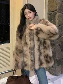 Korean Style Fashionable Faux Fur Midi Coat For Women, Winter - Coffee Brown - View 2