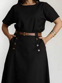 Women's Linen Set Long Skirt + Blouse Sleeve Casual Timeless Elegant - No Belt - 黑色 - 查看 2