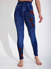 1条装玫瑰花图案女士高弹力紧身打底裤，蓝色仿牛仔破洞外观，柔软舒适，适合健身、跑步、户外、度假、约会、工作、派对、音乐节、秋冬季等场合，舒适保暖。 - 彩色 - 查看 31