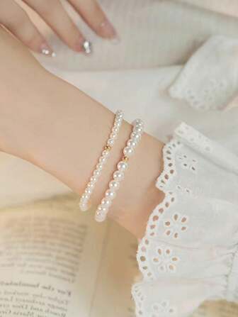 2pcs Vintage Beaded Elastic Bracelet, Simple & Versatile Pearl Decor Wrist Accessories