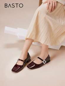 BASTO Red Mary Jane Shoes, Minimalist French Square Toe, Rhinestone Square Buckle, Chunky Heel, Low Vamp Flats For Women, Suitable For Daily, Commute, Office, Party, Date, Valentine's Day - Burgundy - View 2