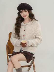 韩版甜美复古百搭撞色彼得潘领麻花针织开衫 - 燕麥色 - 查看 3