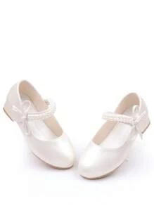 Girls Pearl Princess Shoes, White Leather Shoes, Mid-Heel, Spring/Autumn
