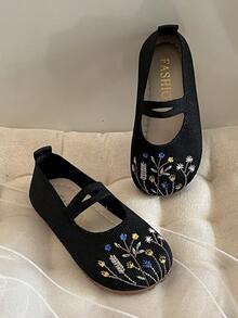 "1 Pair Of 2025 All-Season Must-Have Black Girls' Mary Jane Shoes - Cool Black Double-Sided Knitted + Secret Spot Embroidery Elastic Quick-Click Anti Armor Sole Round Toe Thick Heel Dark Forest Style Children's Flat Shoes For 5-12 Years Old Halloween/Party/School Commuting Shoes!" " - 黑色 - 查看 1