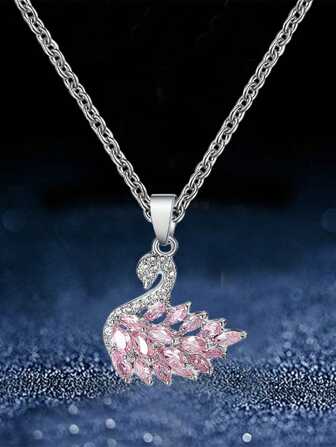 1pc Elegant Pink Cubic Zirconia Inlaid Animal Shaped Pendant Necklace, An Ideal Dating Gift For Women