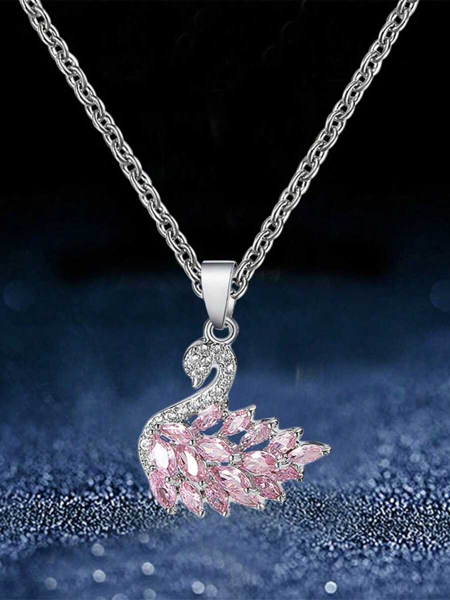 1pc Elegant Pink Cubic Zirconia Inlaid Animal Shaped Pendant Necklace, An Ideal Dating Gift For Women