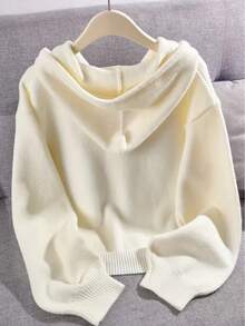 女式宽松短款连帽纯色针织开衫，秋冬 - 白色 - 查看 2