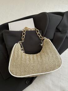 时尚金属链条手柄花卉面料包，休闲新月形草编贝壳链条单肩包，女士手提包