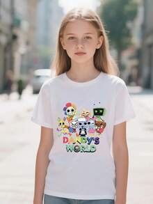 Tween Boys/Girls Summer Shirts "Dandy's World Cartoon Theme Cotton Graphic Tees, Black Casual Summer Tops With Cartoon Characters, Gift For Birthday, Kids Party, Fashion Retro Style" Boys Graphic Tees & Tween Girl Clothes - 白色 - 查看 2