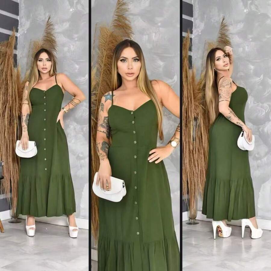 Long Crepe Dress With Padded Bra And Buttons One Size (Fits Sizes 36 To 40)H-1 - Mint Green - View 1