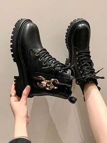 1 pereche de cizme elegante și la modă pentru adolescenți, confortabile și versatile, cu cataramă metalică și șireturi decorative, potrivite pentru exterior, petreceri, naveta - Negru - Vizualizare 4