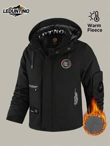 LEDUNTINO Men's Autumn/Winter Fashion Zip-Up Outdoor Casual Jacket, Solid Color, Multi-Pocket Design, Detachable Hood, Letter Print, Boyfriend Gift, Thick Style, Suitable For Autumn/Winter Outings And Daily Wear, Winter Tops