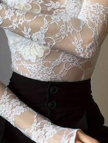 Elegant Women's Sheer Lace Floral High Neck Blouse, Delicate Halter Neck Regular Sleeve Embroidered Lace Top, Women, Semi-Sheer, Contrast Trim, Slightly Stretchy Knit Fabric 85G - White - View 3