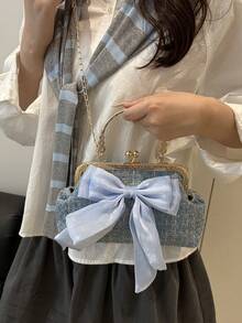 2025新款亮片链条晚宴手拿包，时尚奢华女士手提包、单肩包、斜挎包，纯色夹扣链条托特包（花卉图案随机分布），亮片 - 藍色 - 查看 5