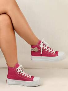Women High-Top Thick-Sole Rhinestone Glitter Lace-Up Sneakers, Cute & Casual For Walking, Commuting, And Sport - Rose Red - View 3