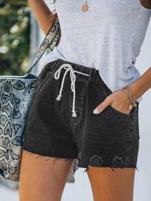 Quần short denim màu xanh nhạt gợi cảm dành cho nữ, có dây rút co giãn ở eo và gấu quần cắt thô, hoàn hảo cho những dịp thường ngày trong thời tiết ấm áp. - màu đen - Xem 1
