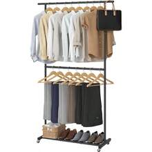 Double Rod Clothing Garment Rack, Rolling Coat Hanger With Bottom Mesh, Clothing Rack For Hanging Clothes, Coats, Skirts, Sweaters, White - With mesh + Black - View 1