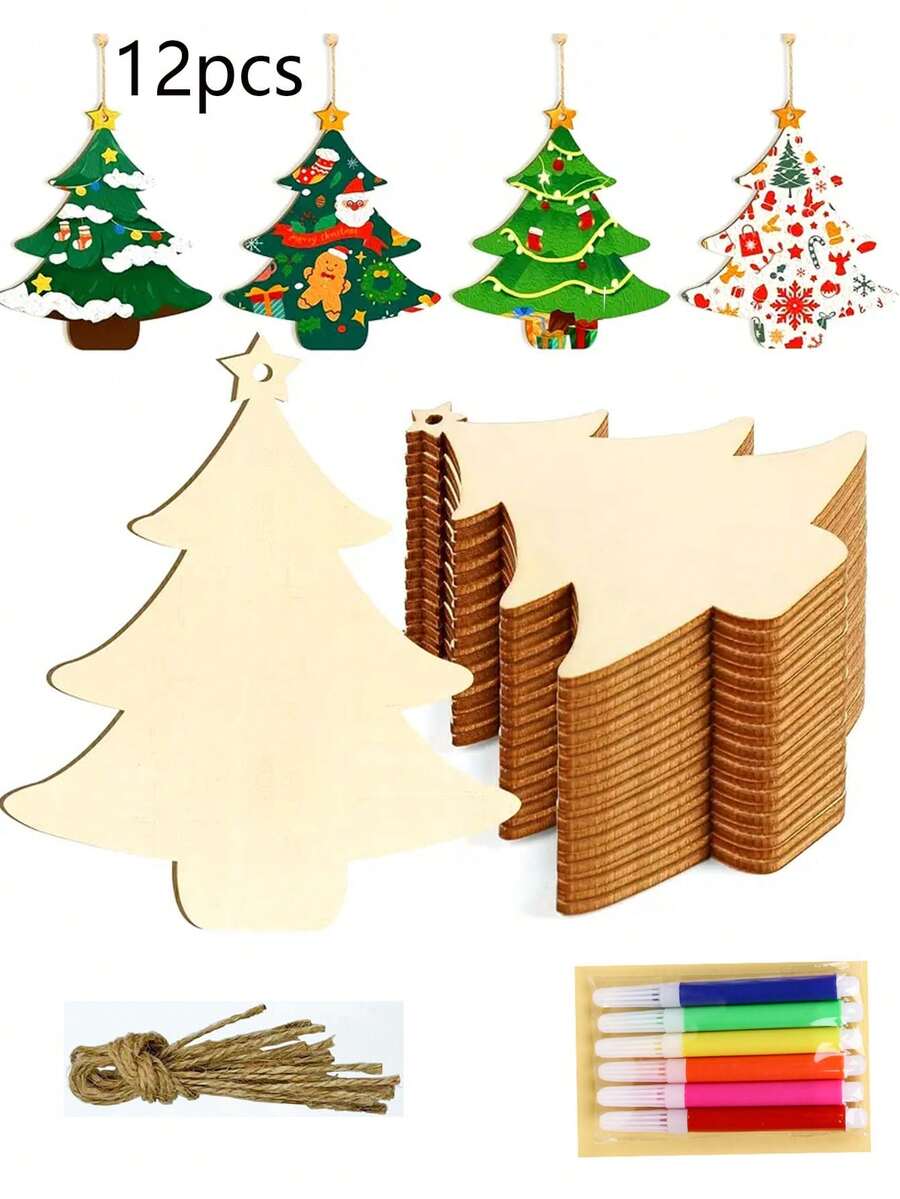 12pcs Unfinished Wooden Christmas Tree Ornaments, DIY Painting Craft Kit (Includes 10 Wood Slices, 1 Pack Of Colored Pens, 1 Bundle Of Jute Rope), Creative Hand-Painted Home Decor, Suitable For Halloween, Christmas, DIY Wood Painting, Wood Slices, Hotels, Restaurants, Family Gatherings, Holidays And Year-Round Decoration, Birthday Party Gifts