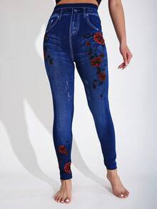 1条装玫瑰花图案女士高弹力紧身打底裤，蓝色仿牛仔破洞外观，柔软舒适，适合健身、跑步、户外、度假、约会、工作、派对、音乐节、秋冬季等场合，舒适保暖。 - 彩色 - 查看 30