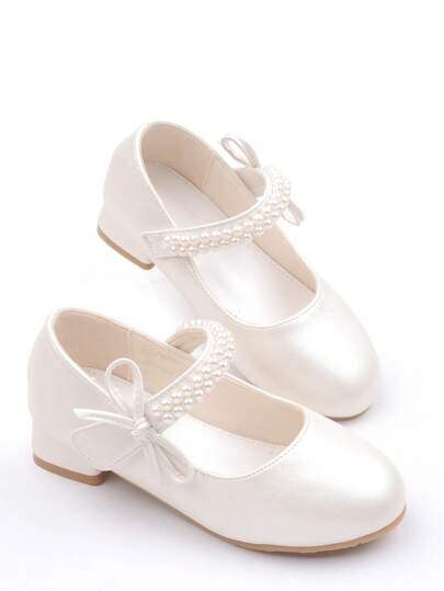 Girls Pearl Princess Shoes, White Leather Shoes, Mid-Heel, Suitable For Dance Performance, Flower Girl Wedding