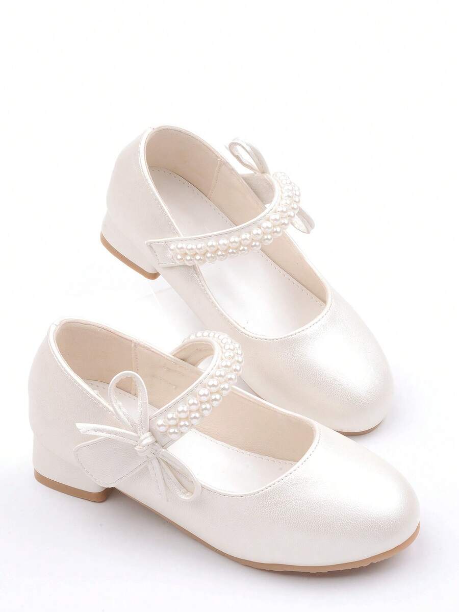 Girls Pearl Princess Shoes, White Leather Shoes, Mid-Heel, Spring/Autumn