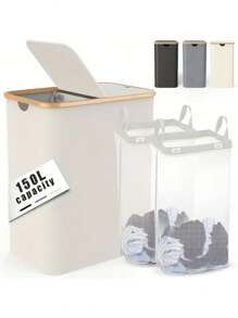 Large Capacity Laundry Basket With Lid And Handles, Portable, Removable Inner Bag, Bamboo Handle Clothing Basket, Suitable For Dorm, Bedroom, Bathroom Storage & Organization, Foldable Laundry Hamper, Recycling Bin, Classic Style, Multiple Components, Rectangular Shape, Fits Various Room Types, Laundry Basket - 1 - View 18