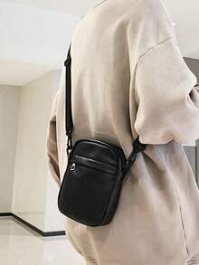1 Túi đeo chéo mini PU màu trơn chống nước dành cho nam, thích hợp đi học, đi làm, du lịch, mùa tựu trường - màu đen - Xem 4