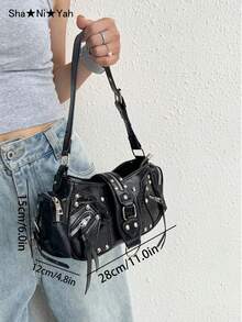 Y2K 机车风时尚欧美复古摩托车风格手提包，时尚小众铆钉多口袋单肩包，油蜡皮革斜挎包