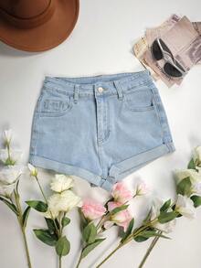Quần short denim cạp chun bó sát dành cho nữ, quần short mùa hè thoải mái và giản dị - Rửa nhẹ - Xem 3