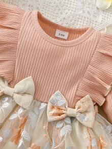 Vestido de Primavera y Otoño para Recién Nacida, con Tul y Bordado de Plantas y Flores - Rosa - Ver 4