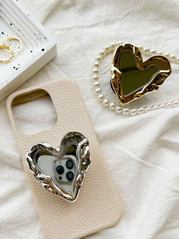 1 pieza Soporte de teléfono con espejo con forma de corazón, soporte de escritorio extensible de metal electrolítico con diseño minimalista y adhesivo arrugado, compatible con iPhone, teléfonos Android, regalo para cumpleaños, familia y amigos, accesorio de teléfono con agarre de empuje y tracción