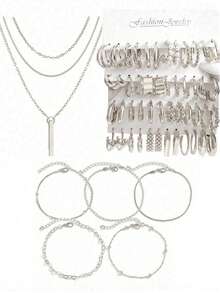 76-37 件波西米亚复古风格女士首饰套装，包括带蝴蝶和心形吊坠的项链、人造珍珠耳钉、手链、可调节戒指，优雅的日常、通勤、约会、度假配饰，精致的节日礼物 - 銀色 - 查看 11