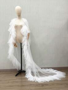 Chal de tul extra grande para novia, accesorio de vestido de novia y de fiesta con caída, ropa de verano para mujer, para la playa - Blanco - Ver 14