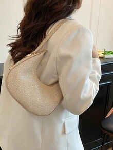 1pc Zipper Closure PU Solid Color Crescent Underarm Bag, Fashion Retro Office Shoulder Bag, Versatile Baguette Bag, Shiny Women Party Evening Bag, Suitable For Daily Use And Attending Banquets - Gold - View 4