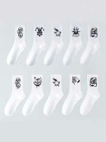 5 أزواج (التسليم عشوائي) جوارب متوسطة الطول للجنسين بطراز داكن، بتصميم ملفت للنظر بطبعات الكلاون والغرافيتي، أساسيات الموضة الشارعية