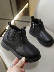 1 Pair Chelsea Boots, Soft & Comfortable Solid Color Matte PU Material, Side Elastic Panel, Round Toe Zipper Design, Warm Thick Sole, Fashionable & Cute Boots Suitable For Boys & Girls Daily Wear, School, Autumn/Winter New Arrival - Black - View 6