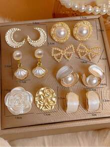 Set de 7 piezas de aretes elegantes y versátiles con cristales, medias lunas, conchas, formas geométricas, perlas falsas, lazos huecos y flores asimétricas, adecuados para uso diario y festividades de mujeres - Multicolor - Ver 9