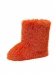 Women's Furry Faux Fur Boots Fuzzy Fluffy Mid Calf Snow Boots Suede Warm Fur Lined Booties Flat Fashion Boots - 橘色 - 查看 2