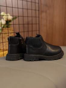 1 Pair Black Soft & Comfortable Elastic Fabric + PU Toddler/Kids Boots, Warm Lining, Round Toe, Soft Sole, Simple British Style, Suitable For Boys & Girls, Indoor/Outdoor, School, Autumn/Winter