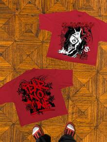 Shadow Graphic T Shirts For Men, 100 Percent Cotton Oversized T Shirt, Dark Aesthetic Punk Camisetas Para Hombre - 紅色 - 查看 2