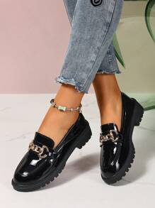 Mocassins  noir pour femmes, talon épais, Glissant, décoration boucle métallique, finition brillante, derbies casual, convient pour le printemps, l'automne et toutes les saisons