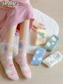 5双秋冬毛绒卡通貂毛绒保暖柔软舒适女士中筒袜