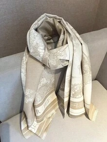 双面卡其色树纹围巾，女士保暖百搭韩式披肩/围巾，适合空调房使用，冬季长款加厚保暖围脖，可搭配连衣裙 - 卡其色 - 查看 3