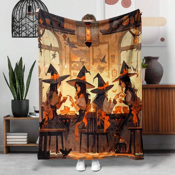 1pc Halloween Themed Flannel Blanket With 3 Witches & Pumpkin, Suitable For Halloween Gift, Sofa, Living Room Nap, Outdoor Camping, Travel